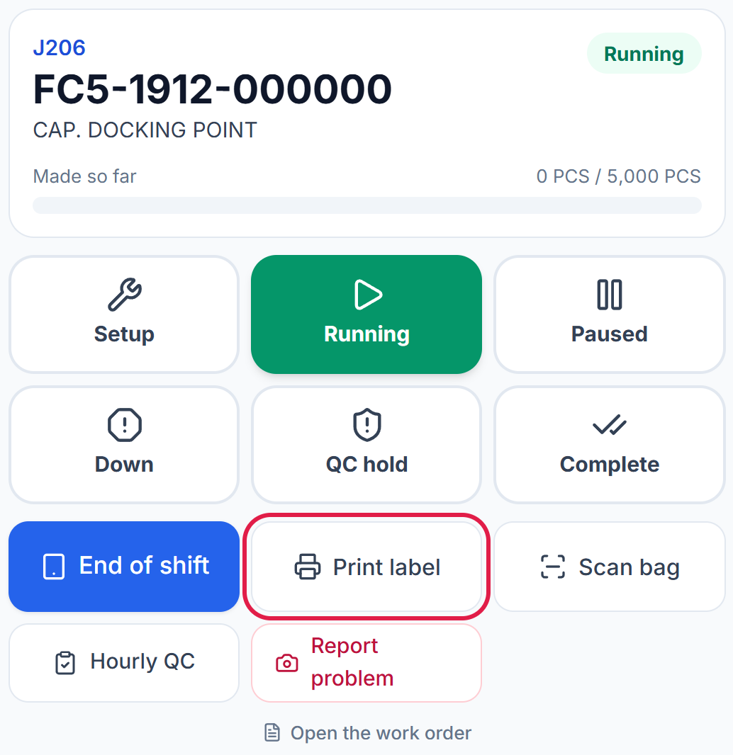 The running job with the Print label button