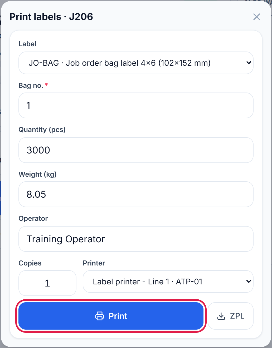Print labels window: label, bag no., quantity, weight, printer, Print