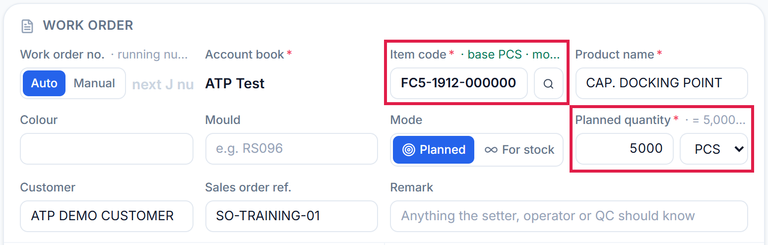 Work order details: item code and planned quantity