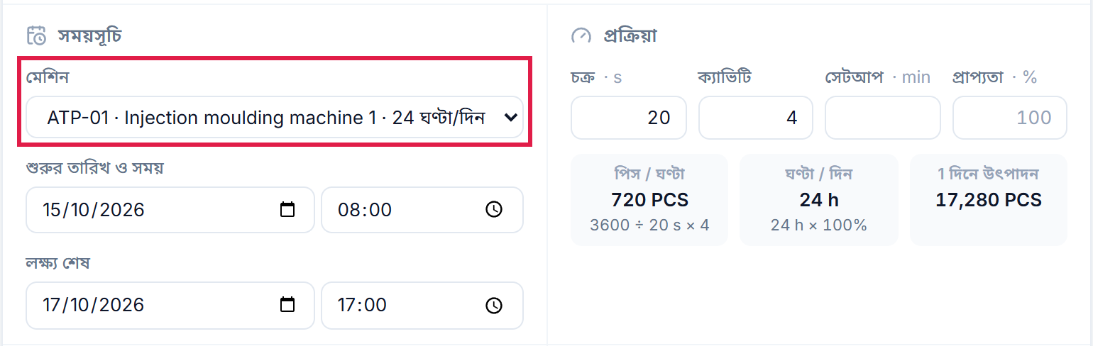 সময়সূচি: মেশিন ATP-01, শুরু ও লক্ষ্য শেষ