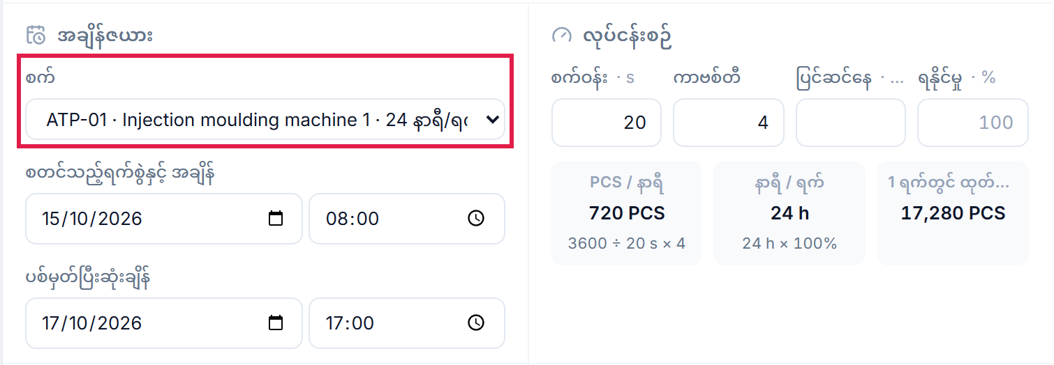 အချိန်ဇယား- စက် ATP-01၊ စတင်ချိန်နှင့် ပစ်မှတ်ပြီးဆုံးချိန်